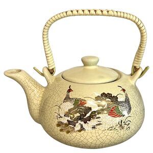 Vintage Japanese Style Ceramic Teapot Crackle Glaze Pheasant Bird Woven Handle